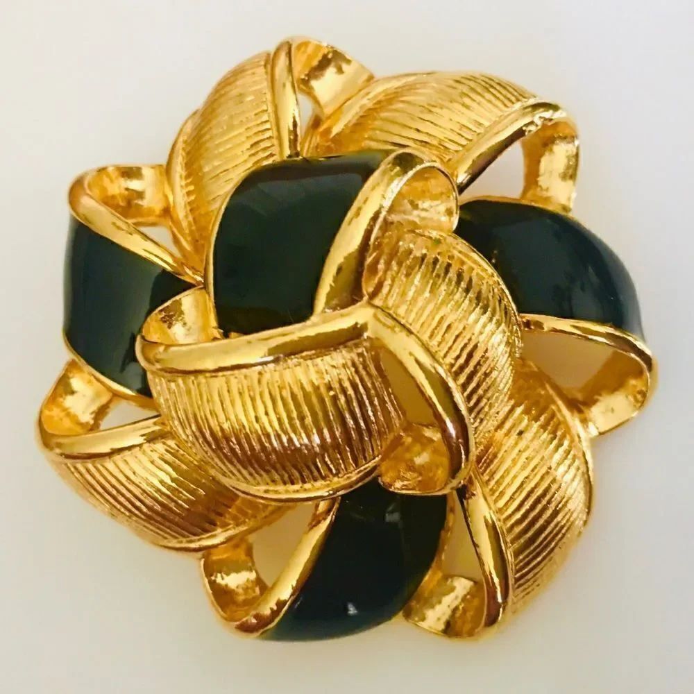 Vintage AK Anne Klein Enamel 3d Ribbon Bow Black Gold Brooch 4352
